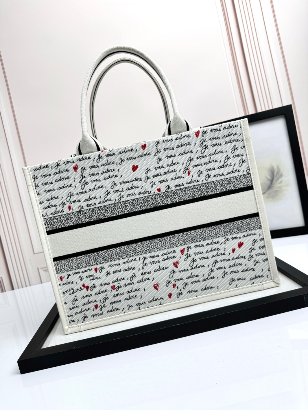 Medium Dior Book Tote Bag White Embroidery with Black and Red Je Vous Adore Motif and White Calfskin